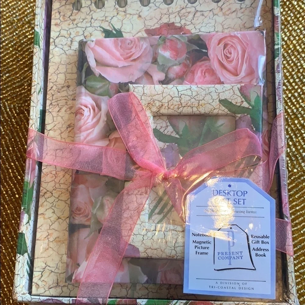 Desktop floral gift desk set, journal picture frame boxed 4 piece stationery set